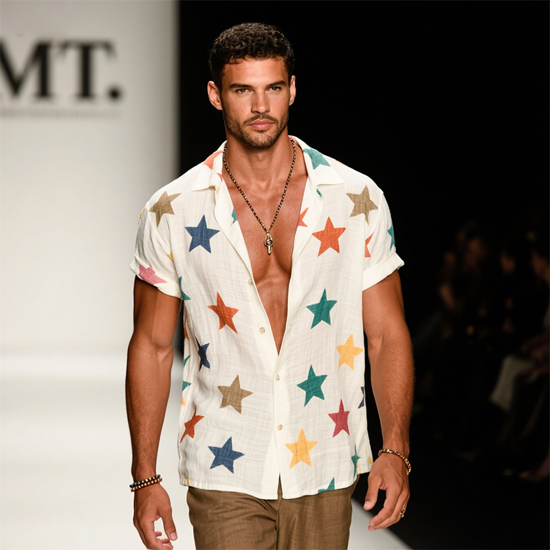 Men's Retro Casual Color Star Era Linen Lapel Short Sleeve Shirt MTA2499F1TO