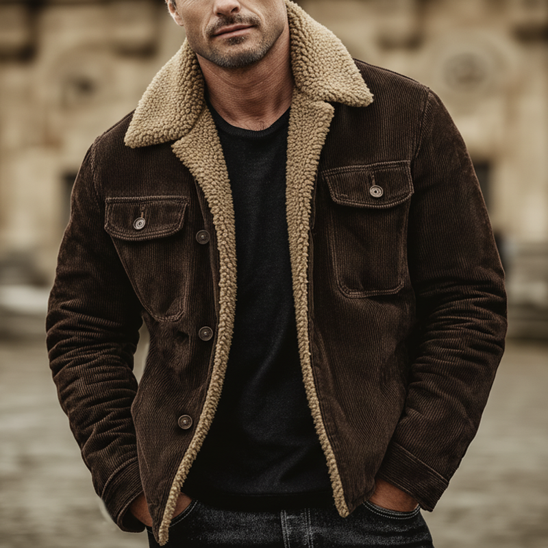Men's Classic Coffee Corduroy Shearling Lined Button-Up Jacket MTA0547K4U