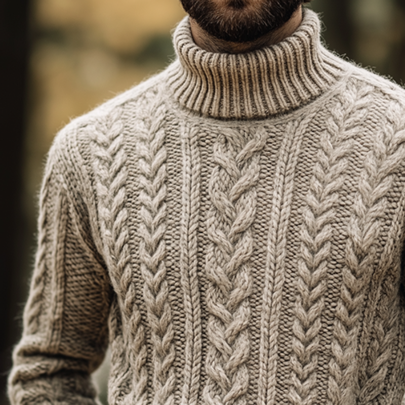 Men's Retro Casual Knitted Cable-Pattern Turtleneck Pullover Sweater MTA1576J1TO