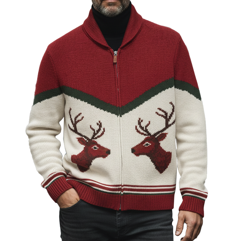 Men's Retro Christmas Jacquard Cotton Yarn Knit Zipper Cardigan MTA1478K9P