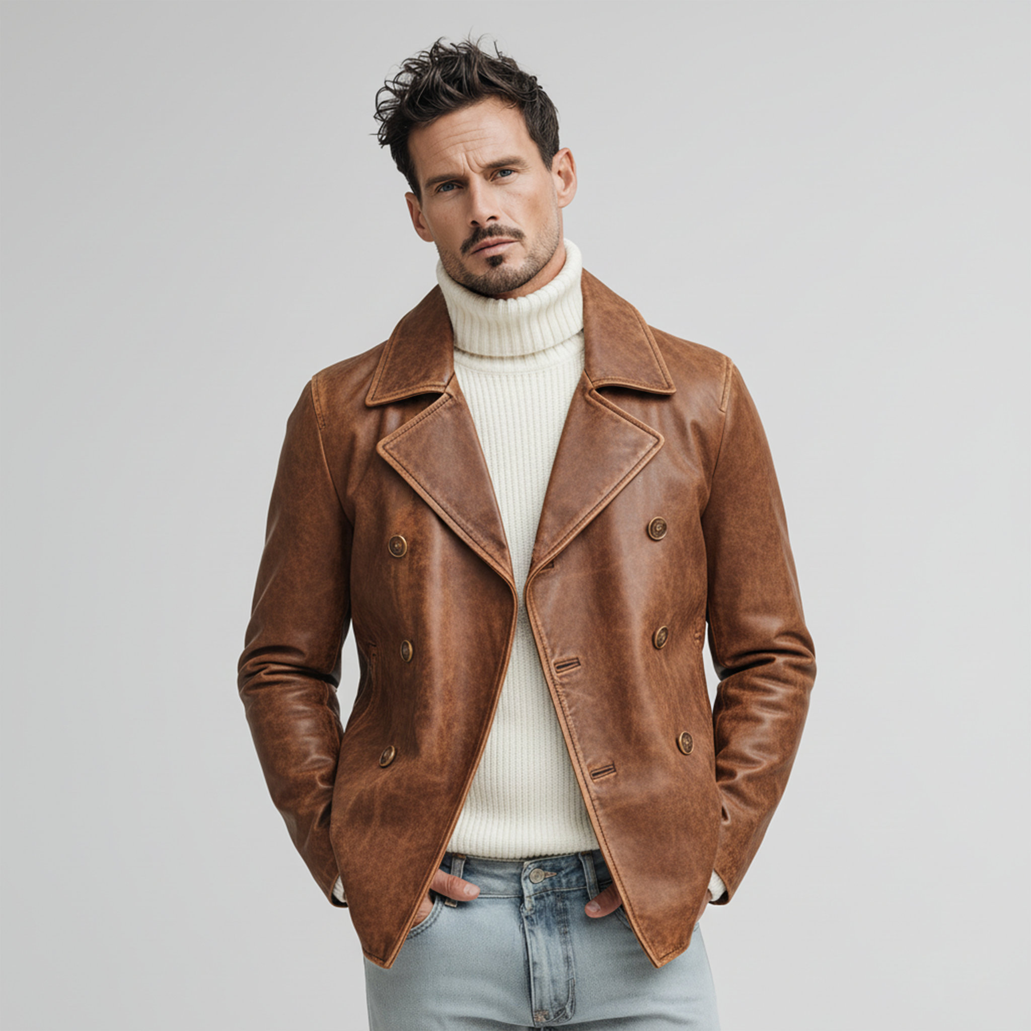 Men's Classic Retro Lapel PU Leather Double-breasted Jacket MTA2231J0K