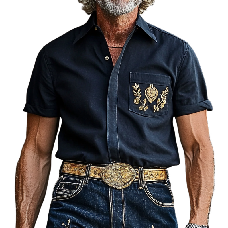 Men'S Fashion Retro Embroidered Lapel Short Sleeve Shirt MTA0916E9Z