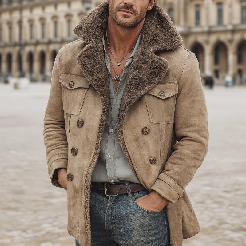 Men's Warm Suede Lambswool Lined Double-Breasted Short Coat MTA1059K9U