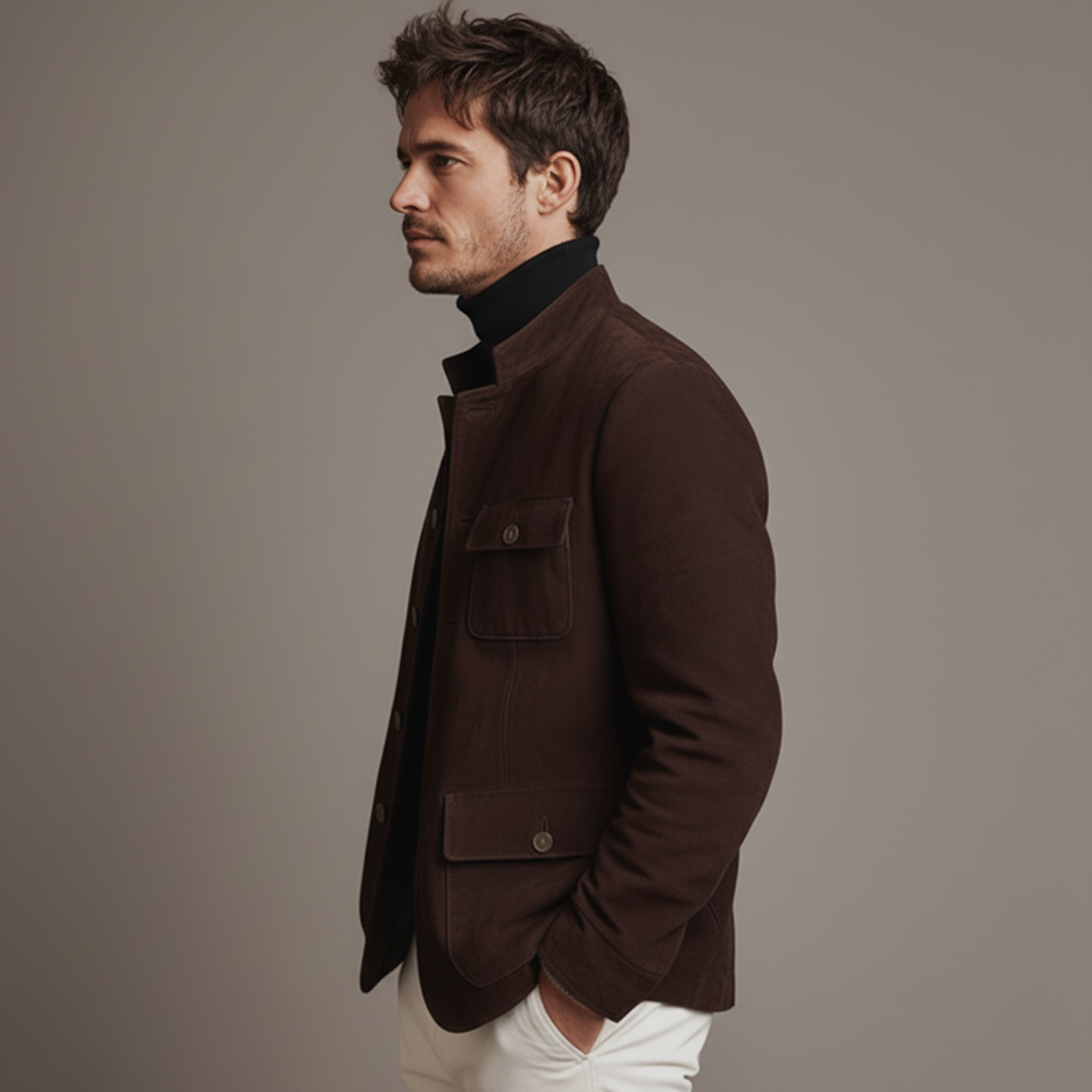 Men's Classic Retro Stand-up Collar Single-breasted Faux Suede Jacket MTA3155J5K