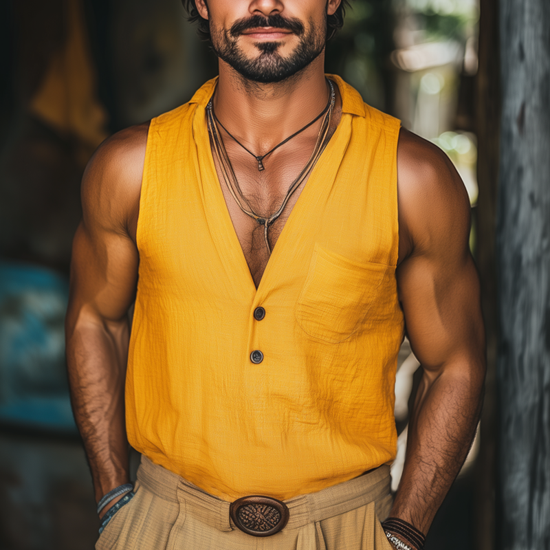 Men's Summer Deep V Neck Cotton And Linen Tank Top MTA0653F3U