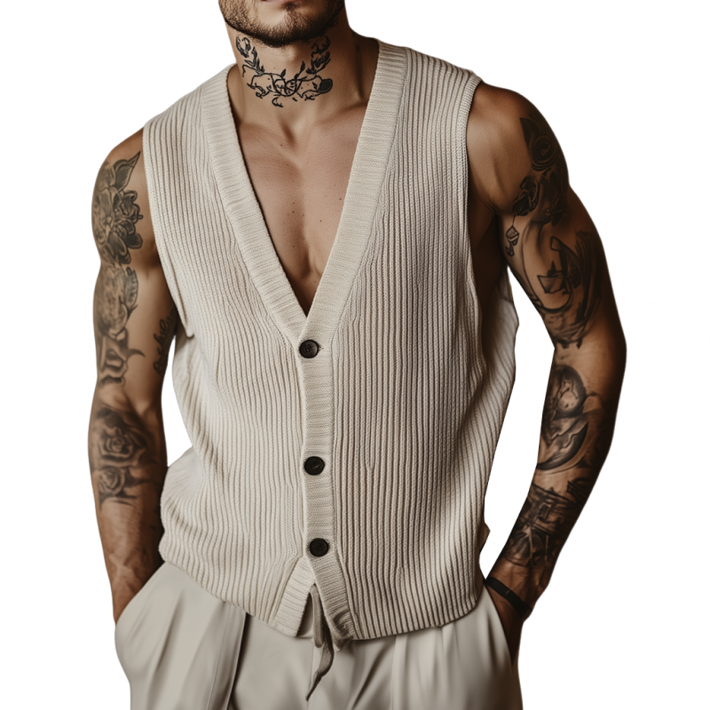 Men's Casual Breathable Cotton Blended V-Neck Single-Breasted Loose Knitted Vest MTA1103F7M