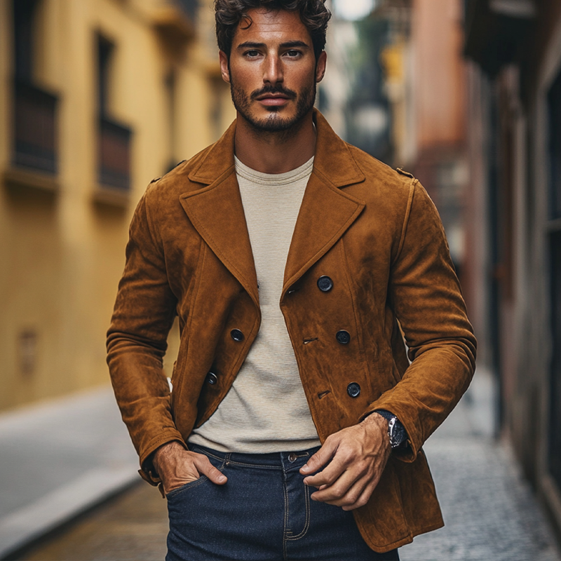 Men's Vintage Solid Lapel Double-Breasted Faux Suede Jacket MTA0421I5X