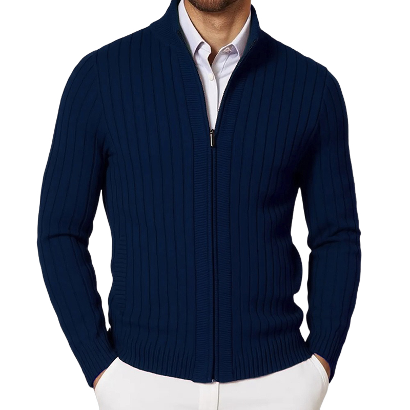 Men's Stand Collar Solid Color Striped Knit Zipper Cardigan MTA1352H6X