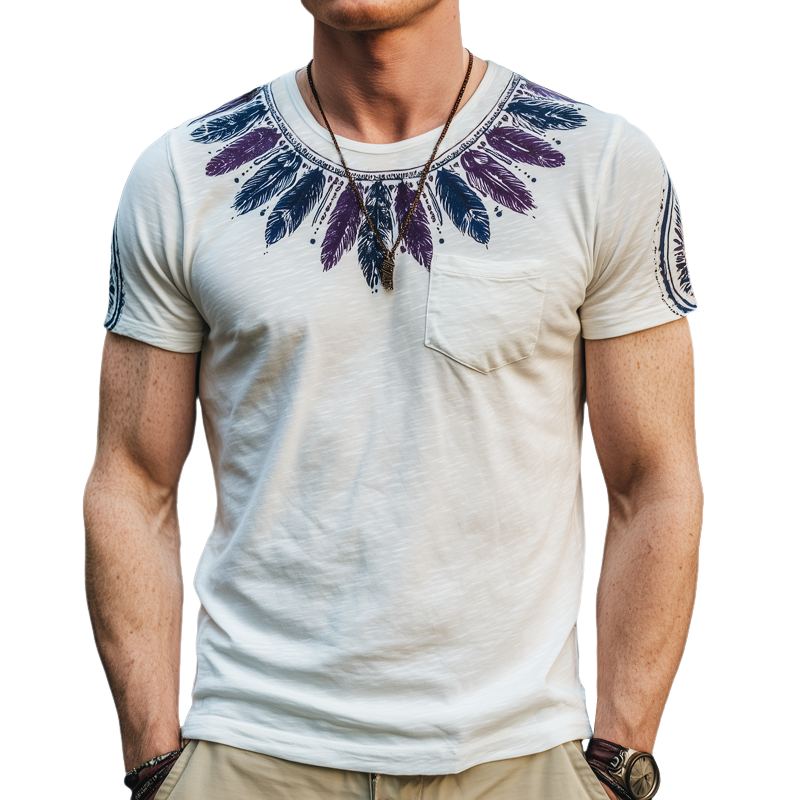 Men's Fashion Feather Print Slub Cotton Round Neck Short Sleeve T-Shirt MTA0996G1U