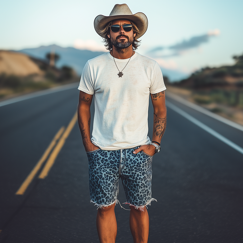 Men's Spring And Summer Fashion Retro Western Cowboy Style Washed Denim Leopard Print Loose Trousers Raw Edge Casual Shorts MTA1378E3K