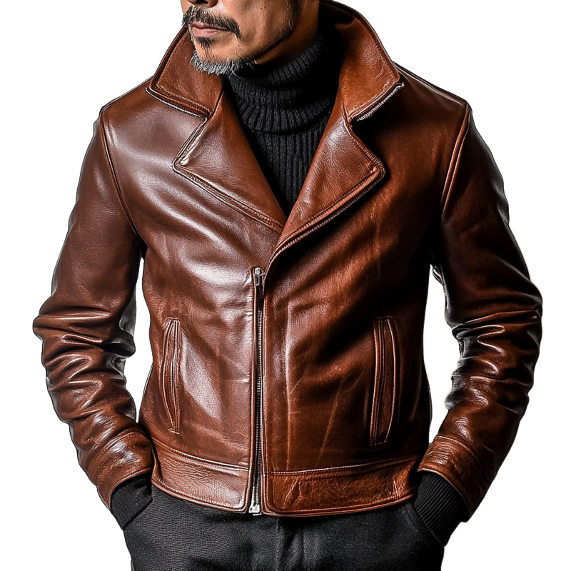 Men's Retro Solid Color Lapel Zipper PU Jacket MTA0455L1X