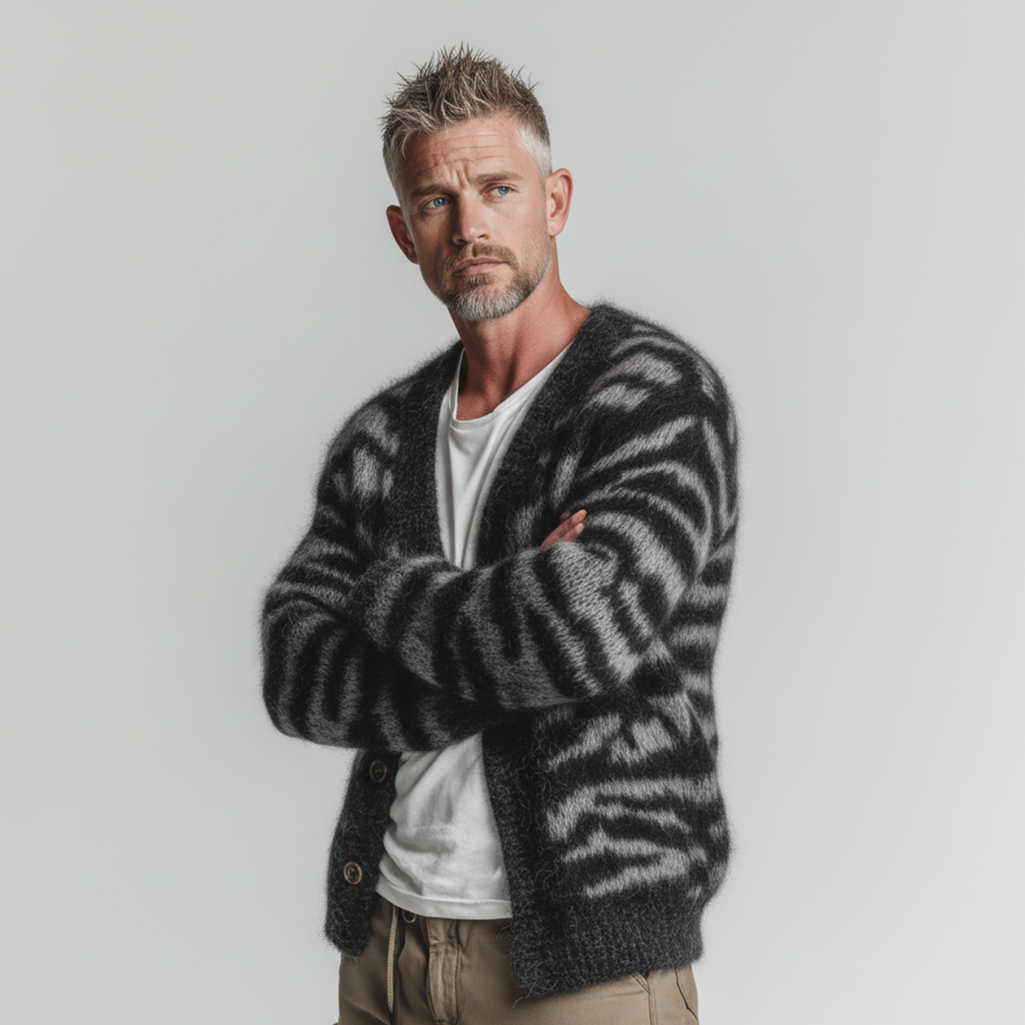 Men's Casual And Fashionable Zebra Pattern Knitted Cardigan MTA1738J1K