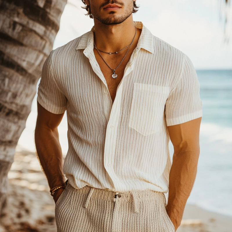 Men's Casual Breathable Linen Striped Lapel Patch Pocket Slim Fit Short Sleeve Shirt MTA2969E9M