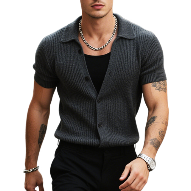 Men's Retro Casual Street Solid Color Knitted Lapel Short Sleeve Shirt MTA2903E3TO