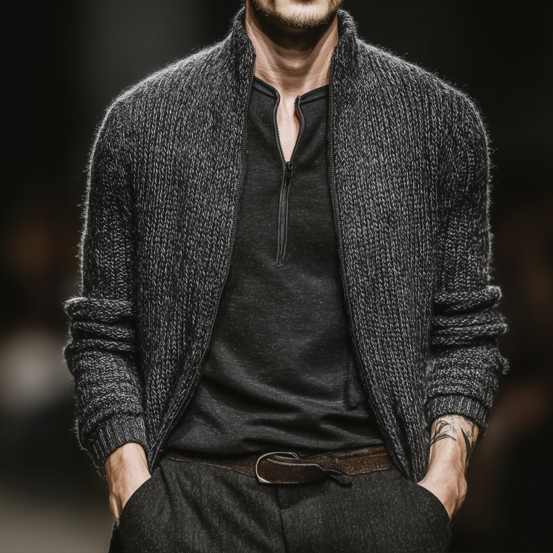 Men's Vintage Dark Grey Stand Collar Zipper Knit Cardigan MTA2491J5U