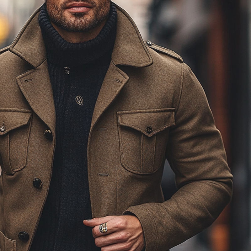 Men's Solid Color Faux Wool Blend Lapel Multi-Pocket Jacket MTA2816I5X