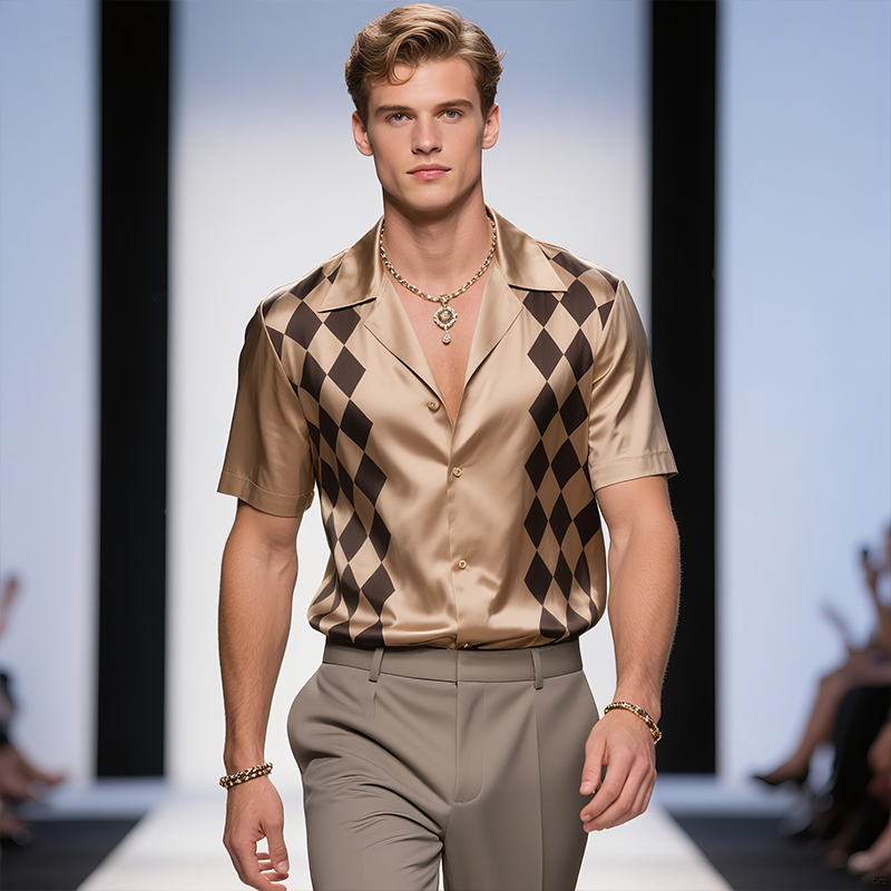 Men's Retro Old Money Style Diamond Print Satin Lapel Short Sleeve Shirt MTA2439F0TO
