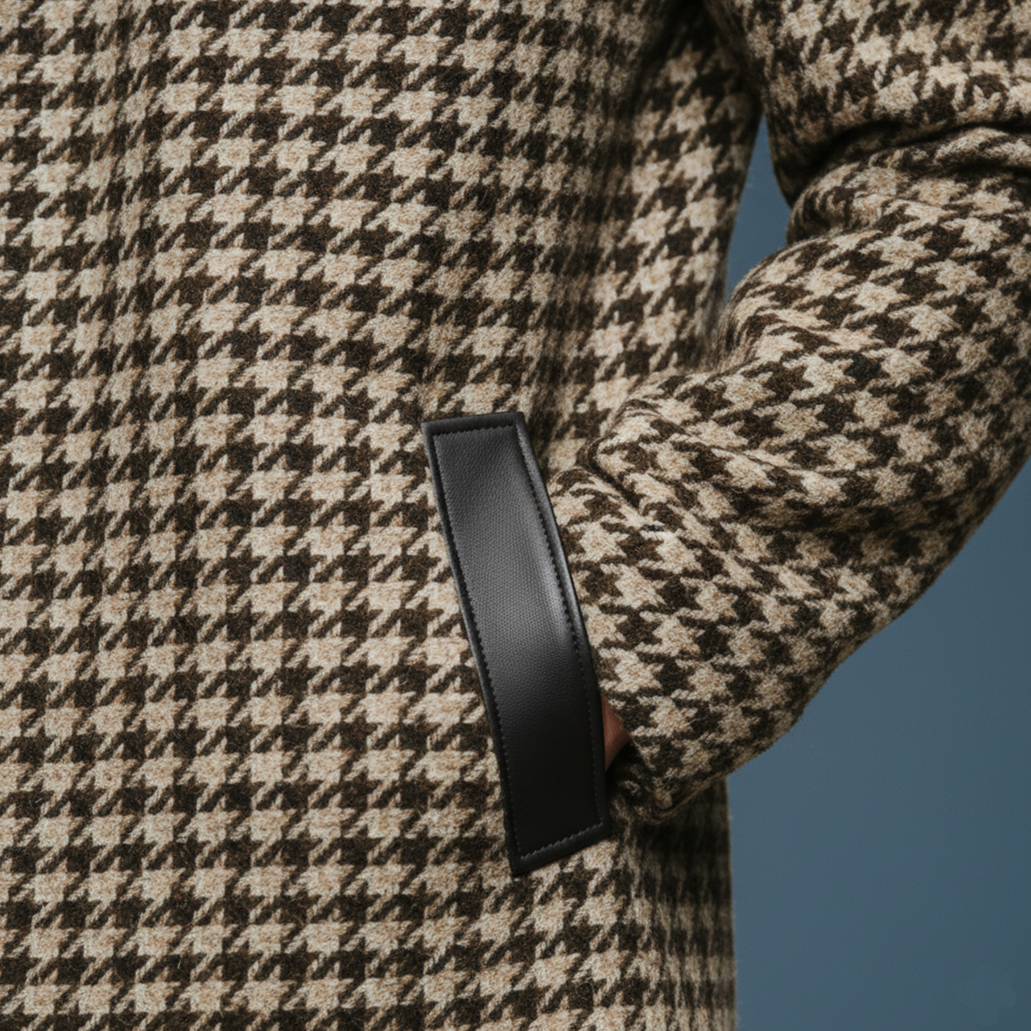 Men's Classic Retro Pocket Stitching PU Leather Stand Collar Faux Houndstooth Wool Coat MTA1199J8K