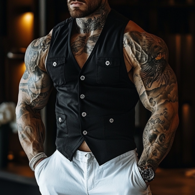 Men's Casual Breathable Cotton V-neck Single-breasted Multi-pocket Slim Vest MTA2642E2M