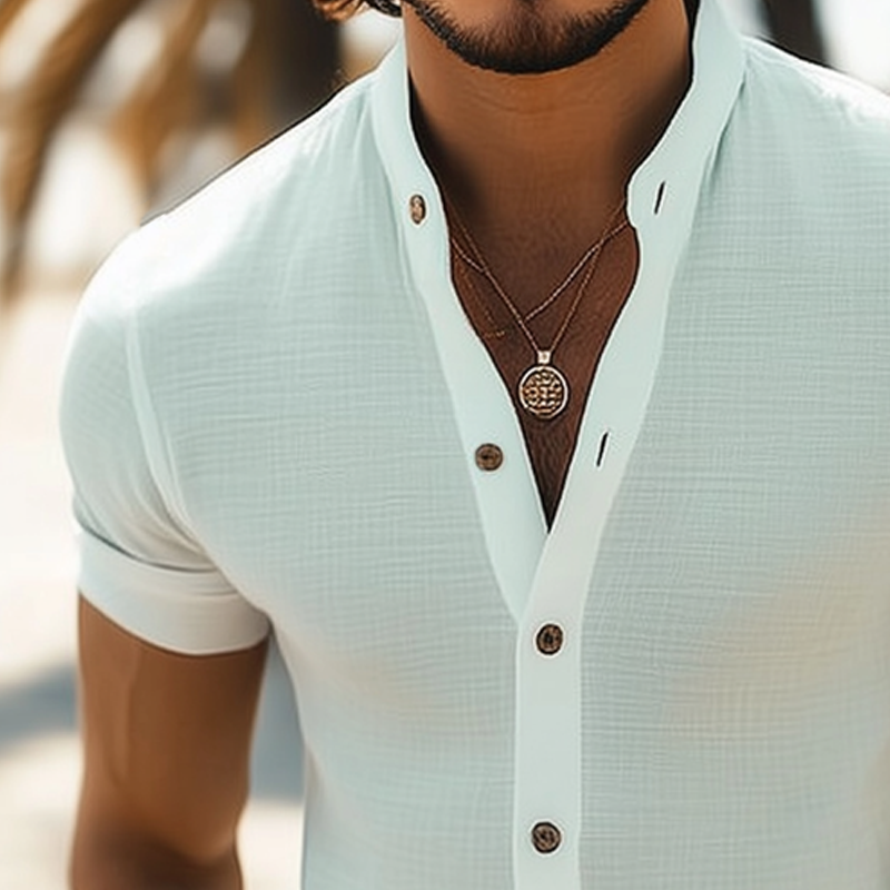 Men's Summer Basic Stand Collar Textured Short Sleeve Shirt MTA1316F2U