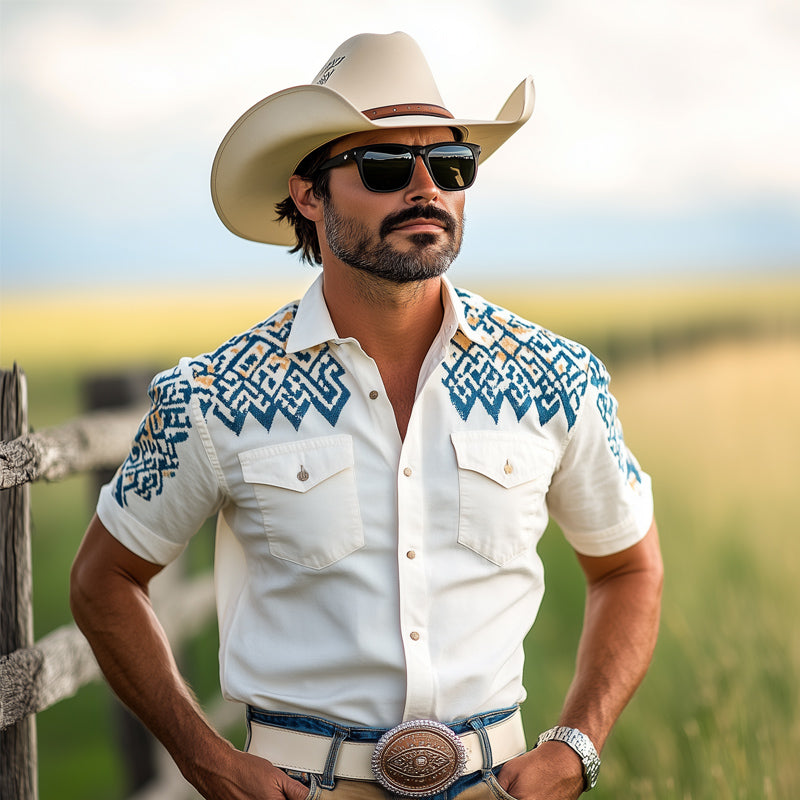 Herreskjorte med kortermet aztekisk trykk i western-cowboystil MTA1238E4U