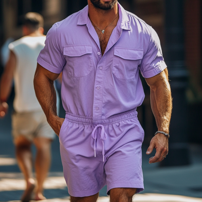 Men's Casual Breathable Cotton Lapel Chest Pocket Short Sleeve Elastic Waist Shorts Jumpsuit MTA1384F2M