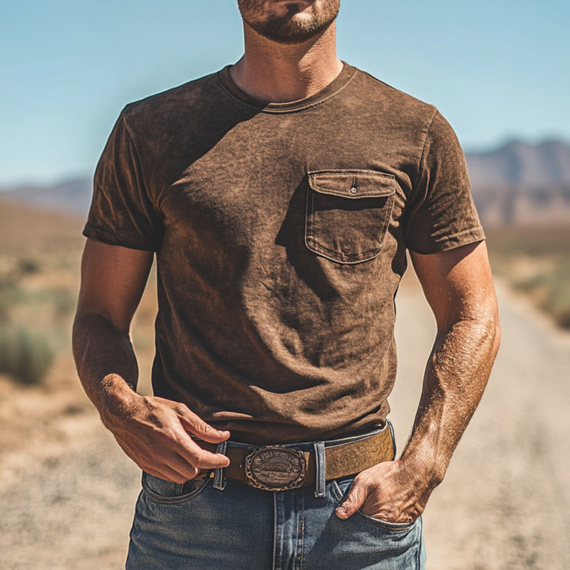 Men's Western Vintage Style Round Neck Short Sleeve T-Shirt MTA0998E2X