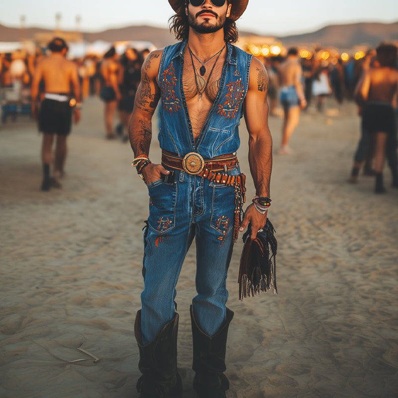 Men'S Western Denim Embroidered Jumpsuit MTA0946E1X