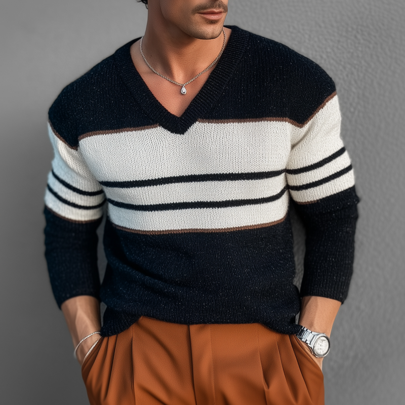 Men's Casual Colorblock V-neck Loose Pullover Knitted Long-sleeved Sweater MTA0161H9M