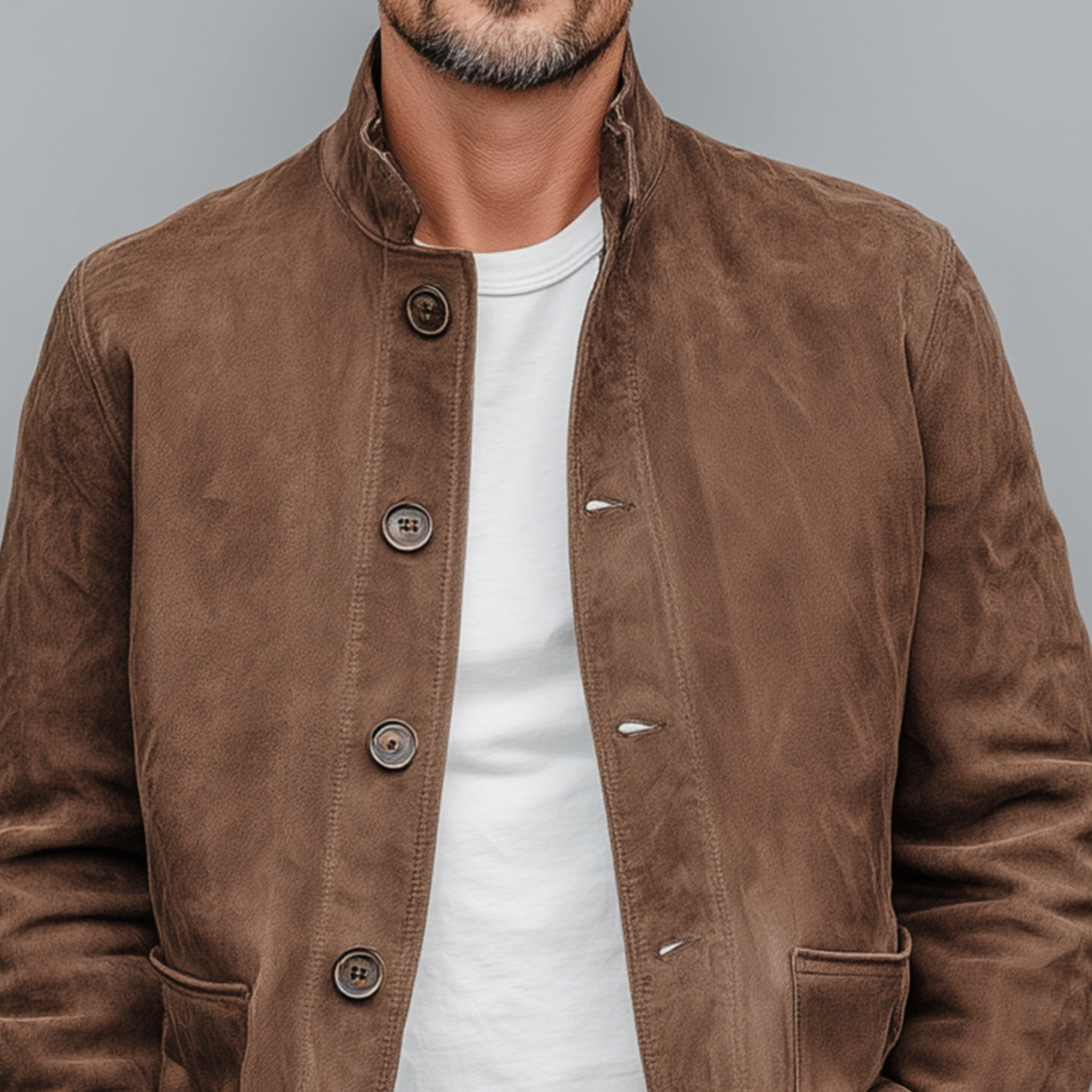 Men's Retro Casual Thin Suede Wooden Button Stand Collar Jacket MTA2517G7K