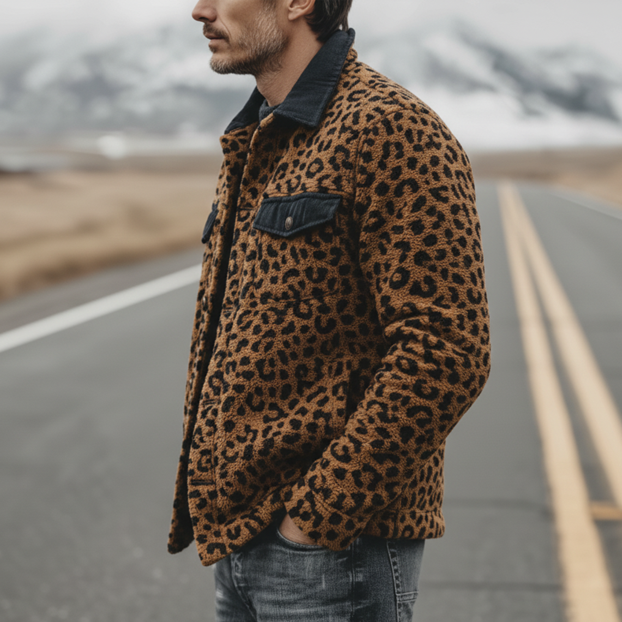 Men's Classic Casual Corduroy Collar And Flap Leopard Print Teddy Jacket MTA1714J6K