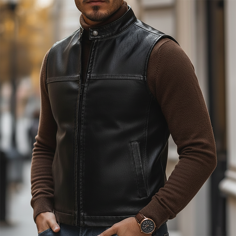 Men's Retro Distressed PU Faux Leather Zipper Sleeveless Vest MTA2363L2P