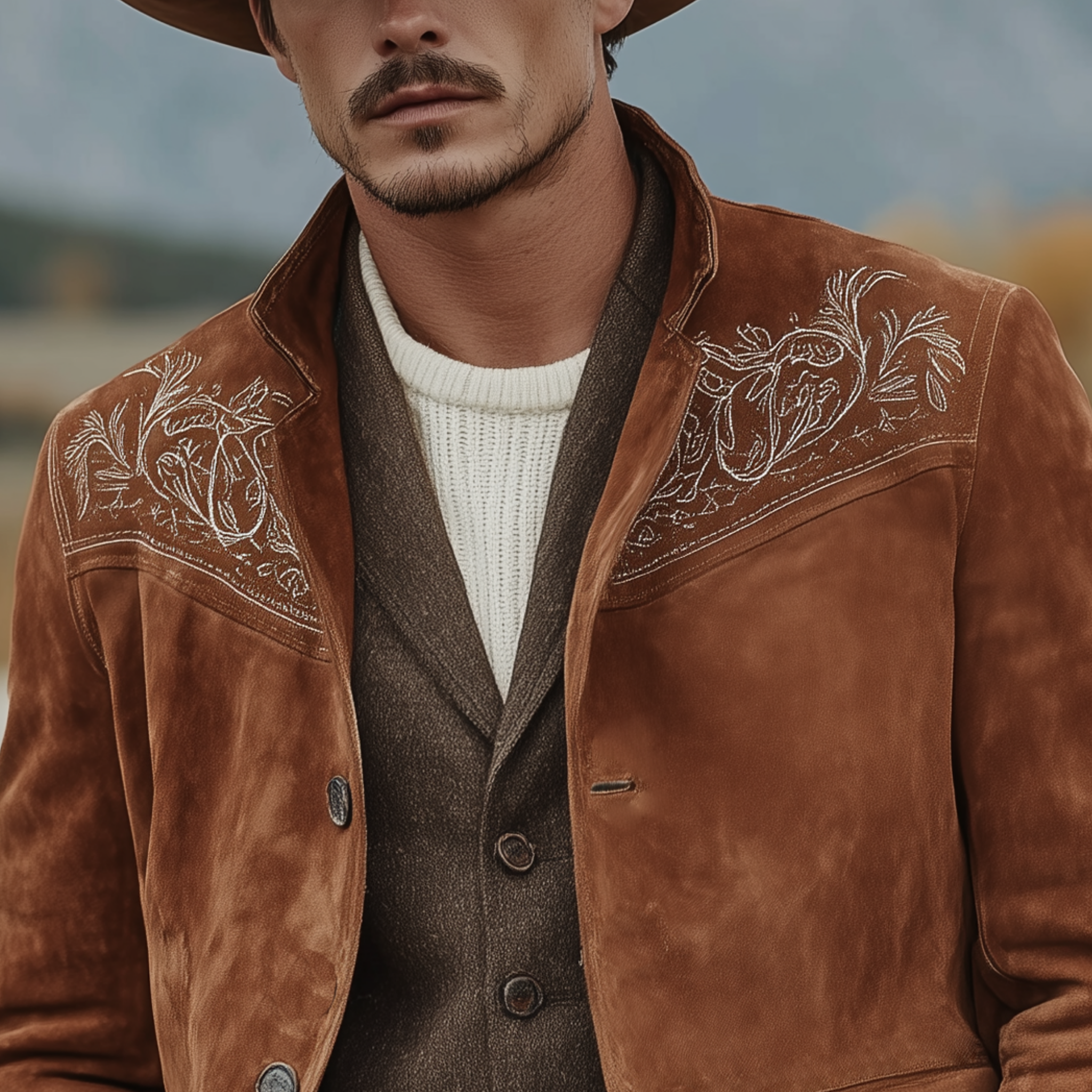 Men's Classic Retro Western Style Embroidered Stand-up Collar Faux Suede Jacket MTA2422K6K