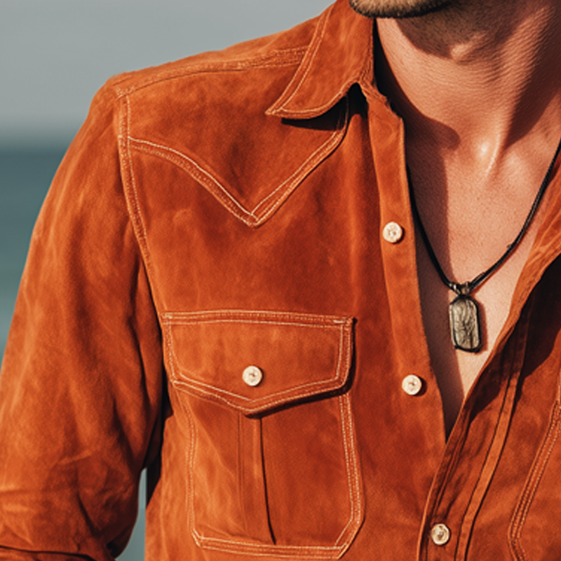 Men's Spring And Autumn Basic Orange Suede Long Sleeve Shirt MTA0470H2U