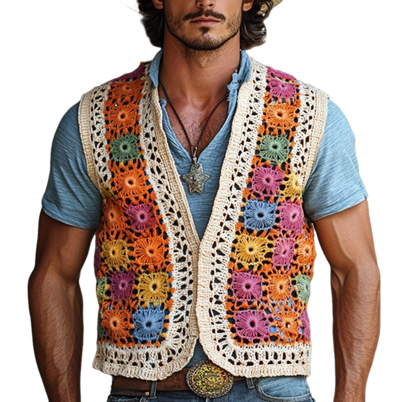 Fargerik heklet vest uten knapper for menn MTA1758F3Y