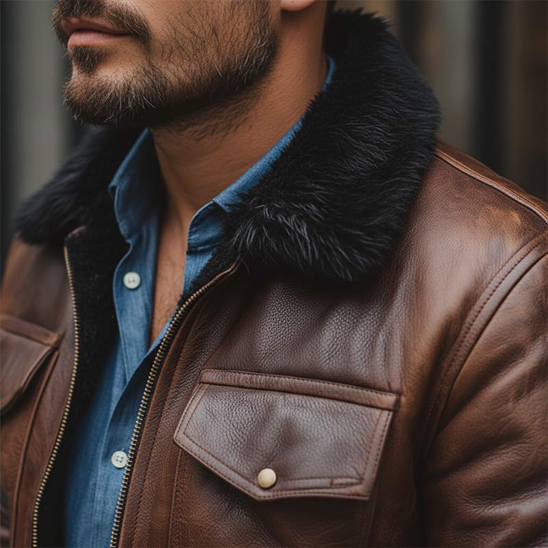 Men's Winter Retro Faux Leather Faux Fur Collar Zipper Jacket MTA2660K1P