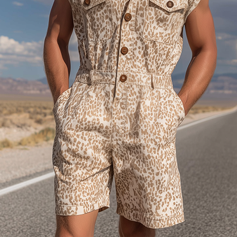 Men's Spring And Summer Fashion Casual Cotton Blended Printed Multi-Pocket Shirt-Style Jumpsuit MTA1046G3K