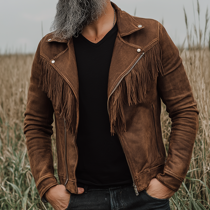 Men's Retro Casual Western Style Suede Tassel Zipper Biker Jacket  MTA2830H9TO