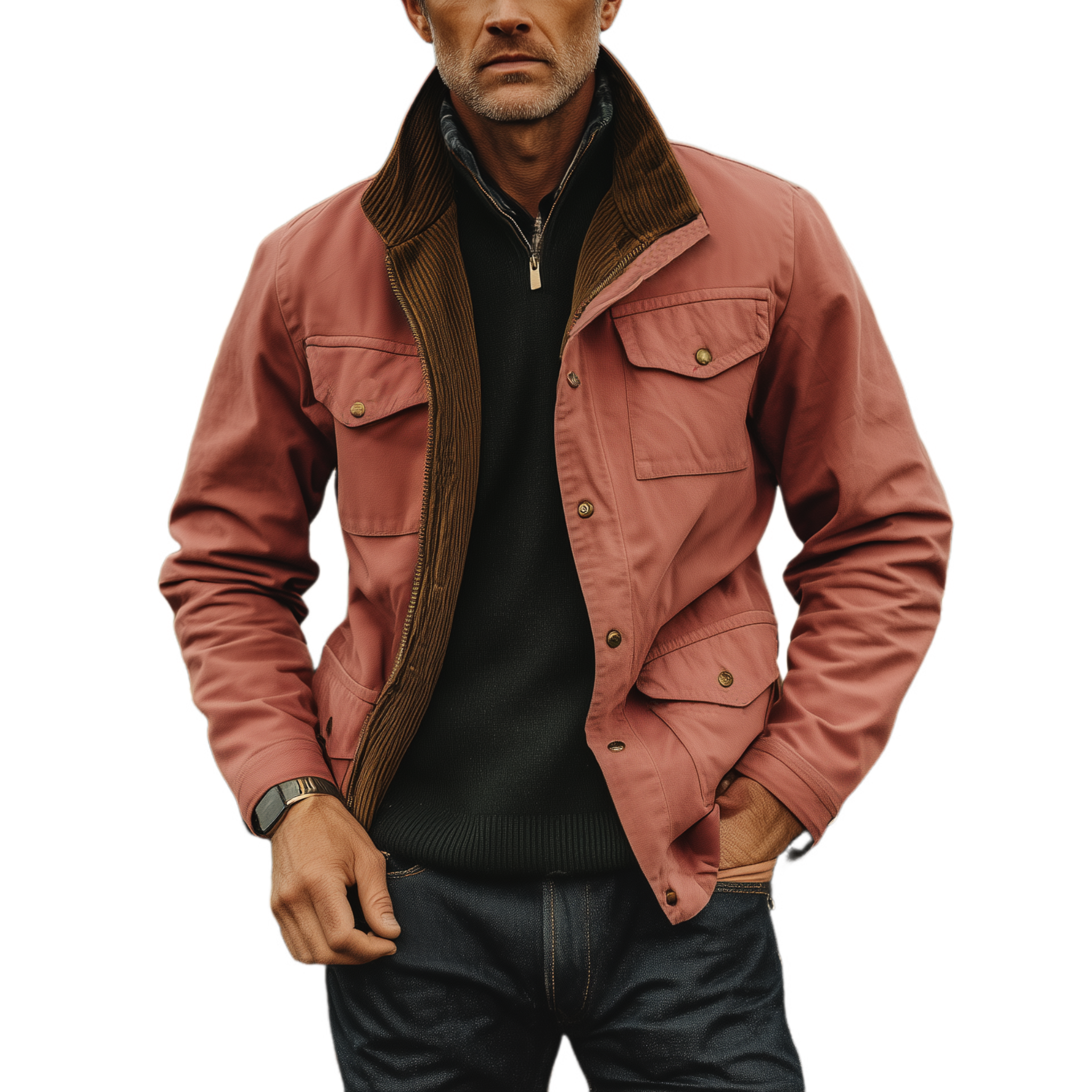 Men's Classic Western Retro Style Stand Collar Multi-pocket Zipper Pink Cotton Blend Jacket MTA0539I7K