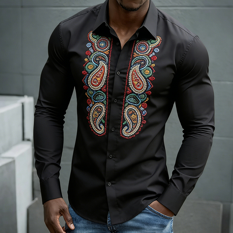Men's Retro Casual Perris Embroidered Cotton Lapel Long Sleeved Shirt MTZ2912A8TO