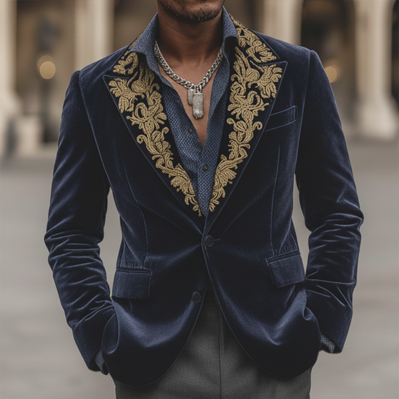 Men's Vintage Embroidered Velvet Two-button Double-vented Blazer MTA2136K8U
