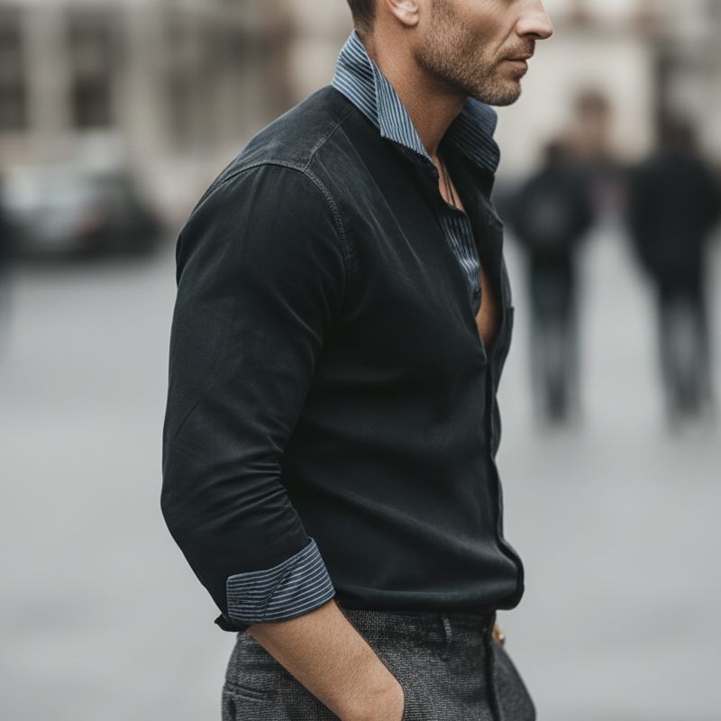 Men's Business Faux Suede Patchwork Striped Long-Sleeve Shirt MTZ0587A3U