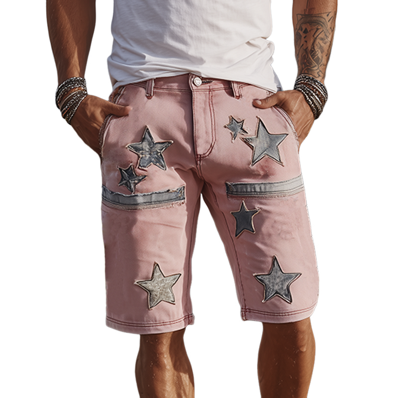 Men's Spring And Summer Fashion Casual Outdoor Washed Denim Patch Pattern Shorts MTA1808F9K