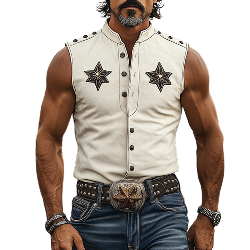 Men's Spring And Summer Fashion Retro American Western Tough Guy Style Thin Suede Decorative Rivet Slim Fit Sleeveless Shirt MTA1373F9K