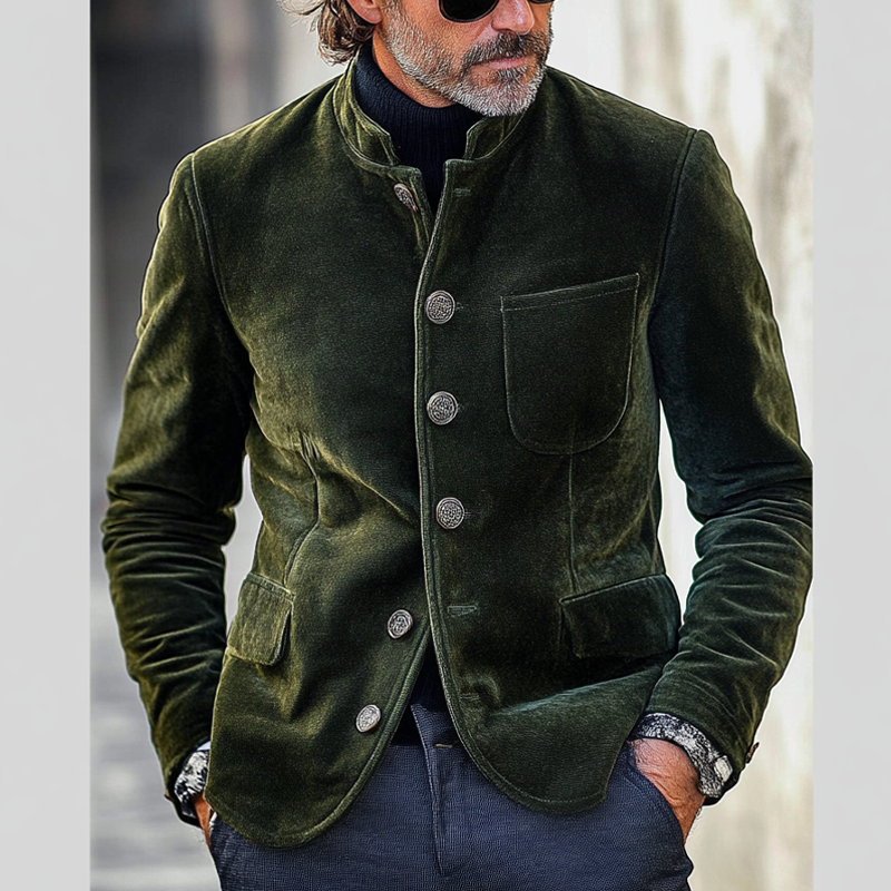 Men's Vintage Velvet Solid Color Stand Collar Single Breasted Blazer MTA1965H8X