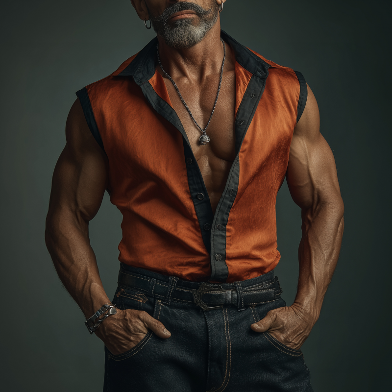 Men's Casual Colorblock Patchwork Satin Lapel Single-breasted Slim-fit Sleeveless Shirt MTA1427G4M