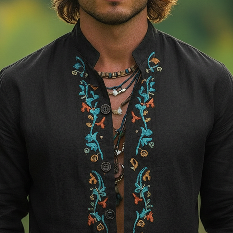 Men's Spring Fashion Embroidered Cotton And Linen Long-sleeved Shirt MTZ0740A8P