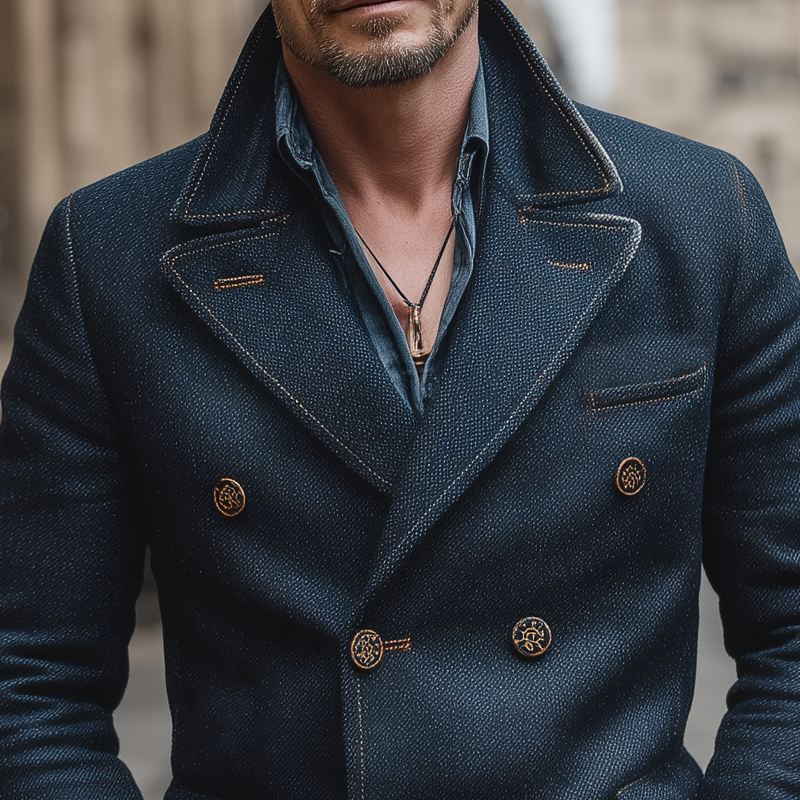 Men's Classic Navy Blue Double-breasted Faux Wool Blazer MTA2041J0U