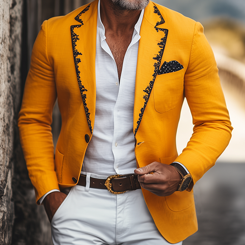 Men's Spring and Summer Thin Fashion Casual American Retro Western Tough Style Cotton And Linen Embroidery Slim Fit Single-breasted Blazer MTA1654F6K