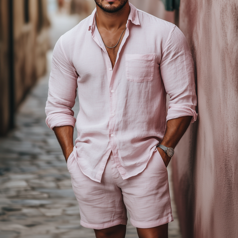 Men's Casual Breathable Solid Color Linen Lapel Patch Pocket Long Sleeve Shirt Loose Shorts Set MTA1311F5M